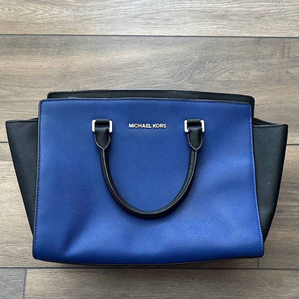 Michael Kors Blue and Black Leather Satchel Tote - Picture 2 of 7